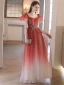 Chic / Belle Dégradé De Couleur Bordeaux Perlage Paillettes Robe De Bal 2023 Princesse Encolure Carrée Manches Courtes Dos Nu Longue Promo Robe De Ceremonie