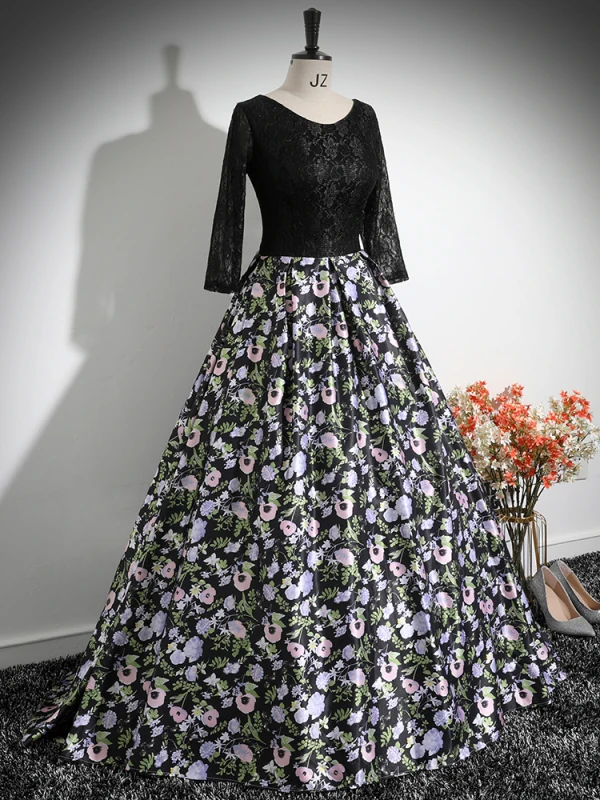 Vintage / Retro Black Printing Prom Dresses 2024 Ball Gown Scoop Neck Long Sleeve Backless Floor-Length / Long Prom Formal Dresses