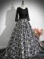 Vintage / Retro Black Printing Prom Dresses 2024 Ball Gown Scoop Neck Long Sleeve Backless Floor-Length / Long Prom Formal Dresses