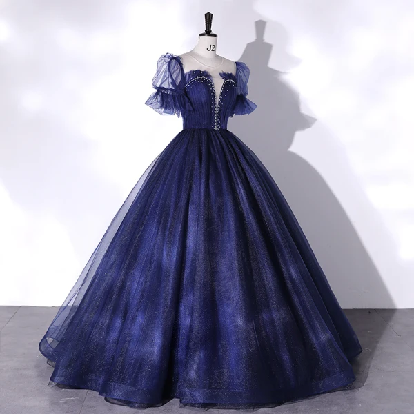 Vintage / Originale Simple Bleu Marine Paillettes Robe De Bal 2022 Robe Boule Encolure Dégagée Manches Courtes Dos Nu Longue Robe De Ceremonie