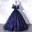 Vintage / Originale Simple Bleu Marine Paillettes Robe De Bal 2022 Robe Boule Encolure Dégagée Manches Courtes Dos Nu Longue Robe De Ceremonie