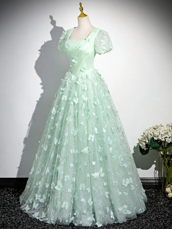 Chic / Belle Vert Cendré Papillon Appliques Paillettes Robe De Bal 2024 Robe Boule Encolure Carrée Manches Courtes Dos Nu Longue Promo Robe De Ceremonie