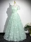 Chic / Belle Vert Cendré Papillon Appliques Paillettes Robe De Bal 2024 Robe Boule Encolure Carrée Manches Courtes Dos Nu Longue Promo Robe De Ceremonie