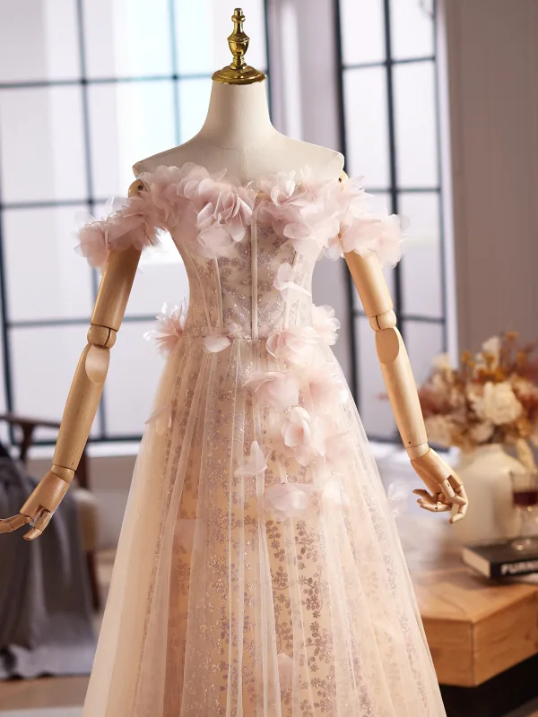 Chic / Beautiful Blushing Pink Appliques Sequins Prom Dresses 2025 A-Line / Princess Off-The-Shoulder Sleeveless Backless Floor-Length / Long Formal Dresses