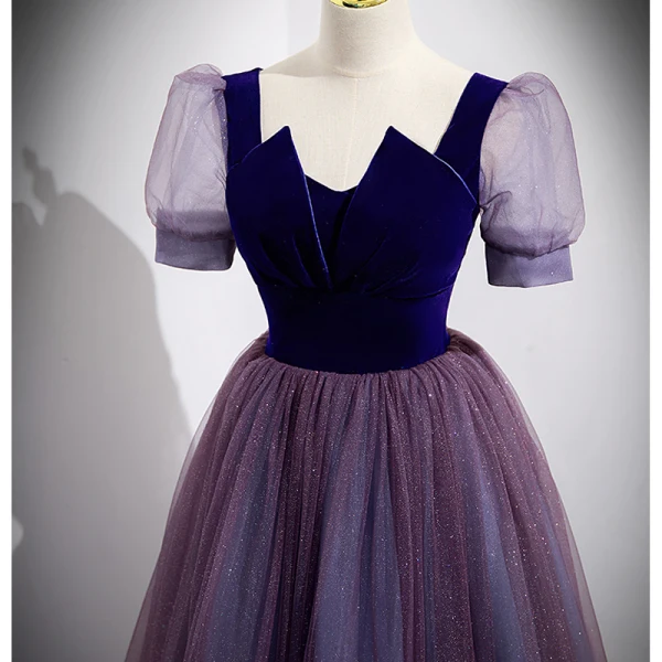 Elegant Purple Sequins Prom Dresses 2022 A-Line / Princess Square Neckline Short Sleeve Backless Floor-Length / Long Prom Formal Dresses