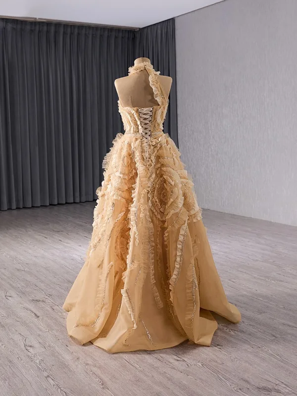 High-end Champagne Beading Sequins Ruffle Prom Dresses 2024 A-Line / Princess High Neck Sleeveless Backless Floor-Length / Long Prom Formal Dresses