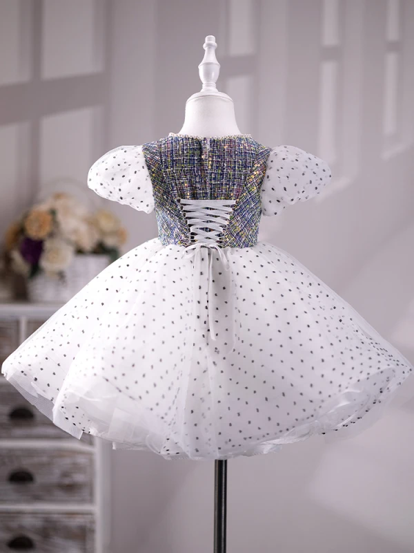 Fashion White Sequins Spotted Short Flower Girl Dresses 2024 Ball Gown Pearl Scoop Neck Short Sleeve