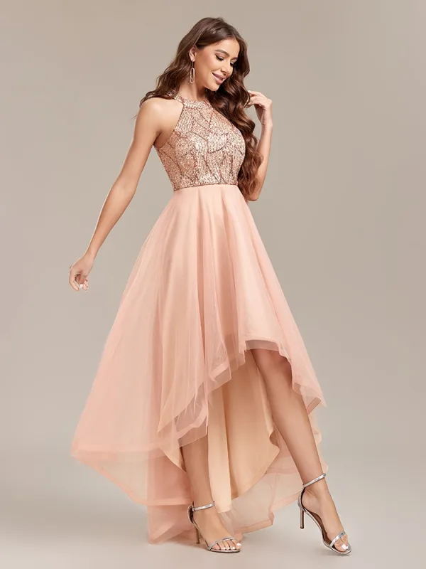 Chic / Beautiful Gold Sequins Asymmetrical Prom Dresses 2024 A-Line / Princess High Neck Sleeveless Tulle Prom Formal Dresses