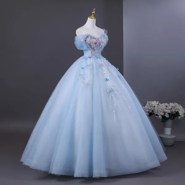 Charmant Bleu Ciel Perlage Paillettes Appliques Robe De Bal 2025 Robe Boule De l'épaule Manches Courtes Dos Nu Longue Robe De Ceremonie