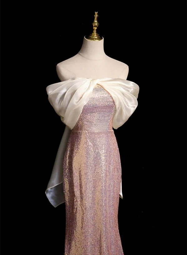 Glitzernden Rosa Pailletten Abendkleider 2024 Meerjungfrau Off Shoulder Schleife Ärmellos Rückenfreies Sweep / Pinsel Zug Abend Festliche Kleider