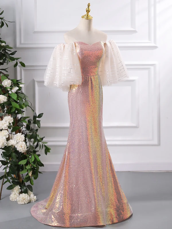 Scintillantes Rougissant Rose Glitter Paillettes Robe De Soirée 2024 De l'épaule Trompette / Sirène Manches Courtes Dos Nu Longue Soirée Robe De Ceremonie