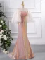 Scintillantes Rougissant Rose Glitter Paillettes Robe De Soirée 2024 De l'épaule Trompette / Sirène Manches Courtes Dos Nu Longue Soirée Robe De Ceremonie