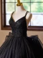 Schöne Schwarz Perlenstickerei Pailletten Spitze Blumen Ballkleider 2024 Ballkleid Spaghettiträger Ärmellos Rückenfreies Sweep / Pinsel Zug Ball Festliche Kleider