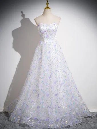 Charming White Appliques Sequins Prom Dresses 2024 A Line Princess Strapless Sleeveless Backless Floor Length Long Prom Formal Dresses