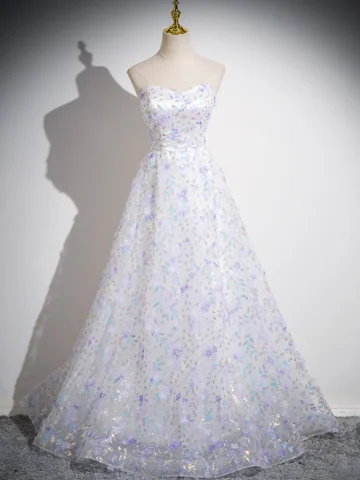 Charmant Blanche Appliques Paillettes Robe De Bal 2024 Princesse Bustier Sans Manches Dos Nu Longue Promo Robe De Ceremonie