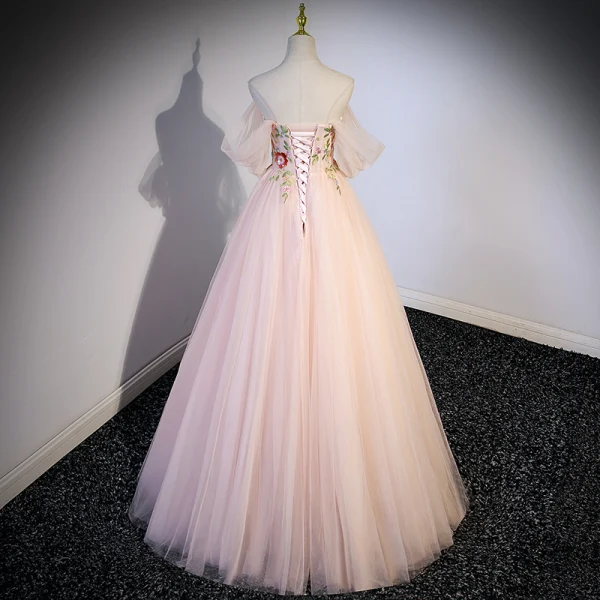 Blumenfee Rosa Pailletten Spitze Blumen Ballkleider 2023 A Linie Off Shoulder Ärmellos Rückenfreies Lange Ball Festliche Kleider
