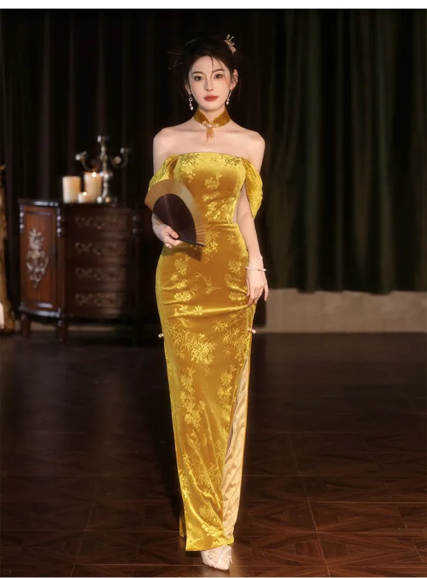 Chinese style Gold Velvet Split Front Prom Dresses 2024 Trumpet / Mermaid Off-The-Shoulder Sleeveless Backless Floor-Length / Long Prom Formal Dresses