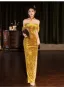 Chinese style Gold Velvet Split Front Prom Dresses 2024 Trumpet / Mermaid Off-The-Shoulder Sleeveless Backless Floor-Length / Long Prom Formal Dresses