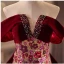 Sparkly Burgundy Sequins Flower Prom Dresses 2024 A-Line / Princess Off-The-Shoulder Short Sleeve Backless Bow Floor-Length / Long Prom Formal Dresses