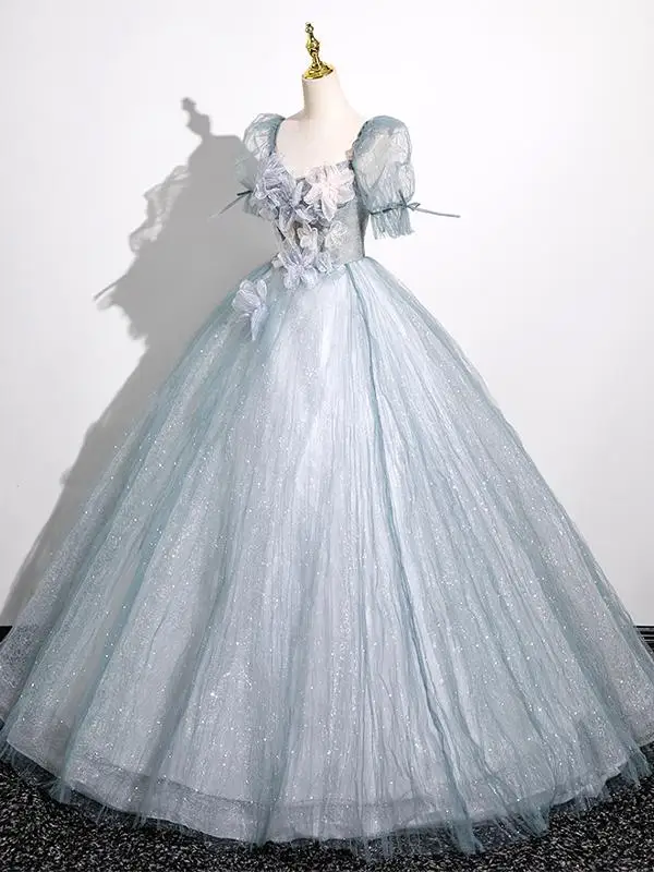 Elegant Sky Blue Beading Appliques Prom Dresses A-Line / Princess 2025 Square Neckline Short Sleeve Backless Floor-Length / Long Prom Formal Dresses