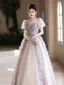 Elegant Grey Beading Prom Dresses 2025 A-Line / Princess Square Neckline Puffy Short Sleeve Backless Floor-Length / Long Prom Formal Dresses
