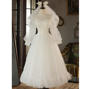 Élégant Ivoire Perle Robe De Mariée 2023 Princesse Col Haut 3 4 Manches Dos Nu Longue Mariage