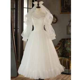 Elegant Ivory Pearl Wedding Dresses 2023 A Line Princess High Neck 3 4 Sleeve Backless Floor Length Long Wedding