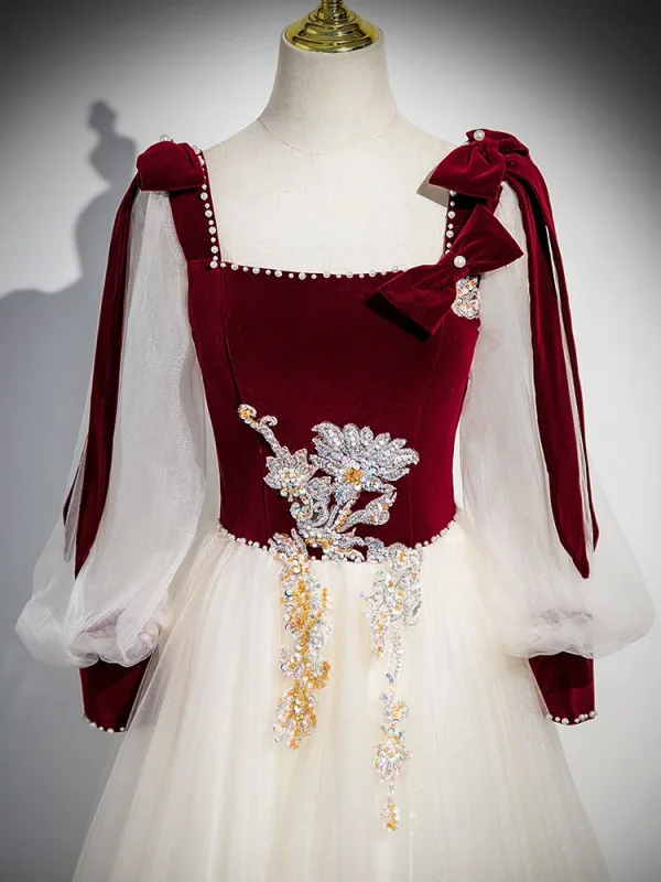 Élégant Bordeaux Paillettes Perle Robe De Bal 2025 Encolure Carrée Manches Longues Dos Nu Longue Promo Robe De Ceremonie