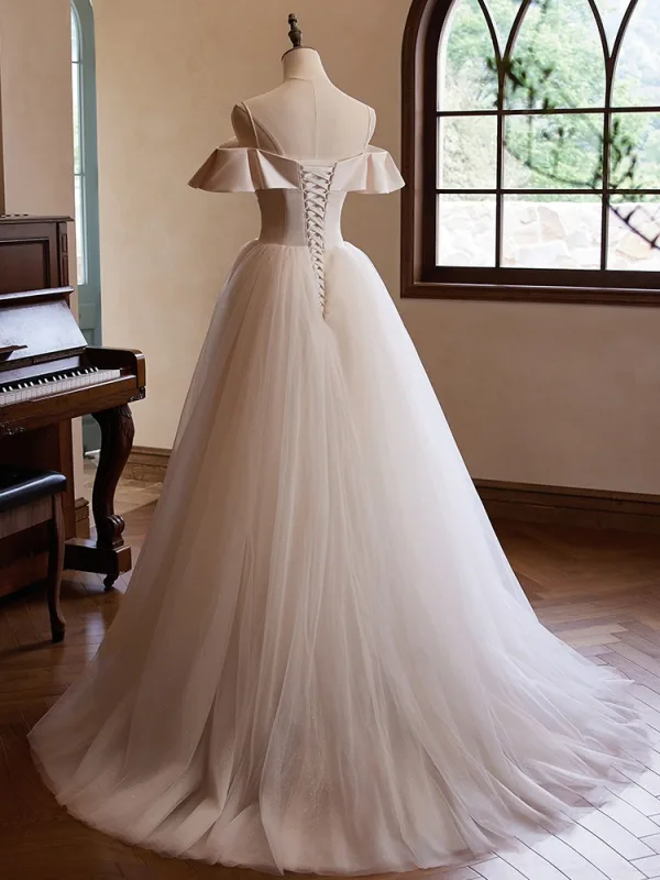 Modest / Simple Champagne Prom Dresses 2024 Ball Gown Spaghetti Straps Sleeveless Backless Floor-Length / Long Prom Formal Dresses
