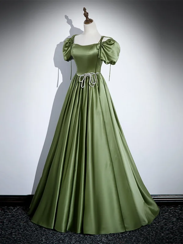 Chic / Belle Vert Cendré Satin Robe De Bal 2023 Princesse Bretelles Spaghetti Gonflée Manches Courtes Dos Nu Faux Diamant Noeud Ceinture Longue Promo Robe De Ceremonie
