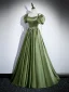 Chic / Belle Vert Cendré Satin Robe De Bal 2023 Princesse Bretelles Spaghetti Gonflée Manches Courtes Dos Nu Faux Diamant Noeud Ceinture Longue Promo Robe De Ceremonie