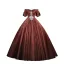 Vintage / Retro Brown Satin Prom Dresses 2023 Ball Gown Off-The-Shoulder Lace Flower Short Sleeve Sequins Backless Floor-Length / Long Prom Formal Dresses