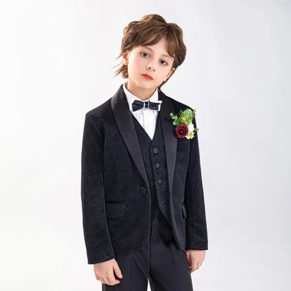 Black Long Sleeve Wedding Boys Wedding Suits 2025 Body Jewellery Coat Pants Shirt Tie Vest Boys Wedding Suits