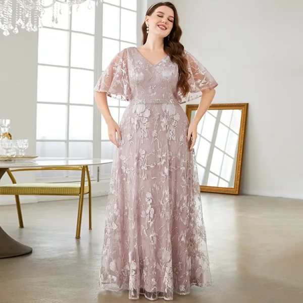 Chic / Beautiful Blushing Pink Lace Flower Plus Size Evening Dresses 2025 A-Line / Princess V-Neck Short Sleeve Backless Evening Party Floor-Length / Long Formal Dresses