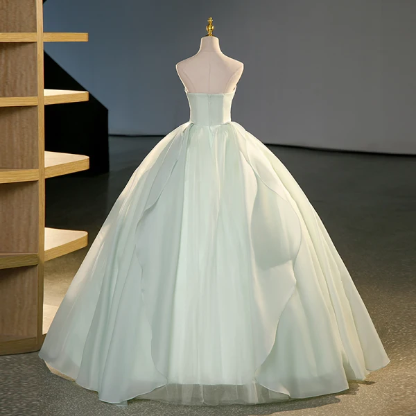 Elegant Sage Green Appliques Prom Dresses 2023 Ball Gown Strapless Sleeveless Backless Floor-Length / Long Prom Formal Dresses