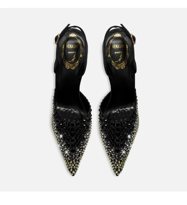 Sexy Black Gold Rhinestone Evening Party Womens Sandals 2024 10 cm Stiletto Heels Pointed Toe Sandals High Heels