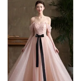 Mode Rougissant Rose Perle Robe De Soirée 2022 Princesse De L Épaule Noeud Manches Courtes Dos Nu Longue Soirée Robe De Ceremonie