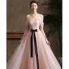Fashion Blushing Pink Pearl Evening Dresses  2022 A-Line / Princess Off-The-Shoulder Bow Short Sleeve Backless Floor-Length / Long Evening Party Formal Dresses