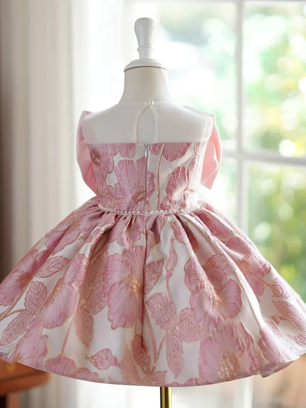 Lovely Blushing Pink Pearl Printing Short Birthday Flower Girl Dresses 2024 Ball Gown Scoop Neck Bow Sleeveless