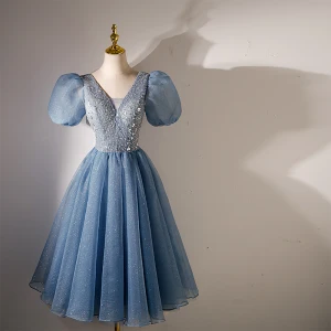 Chic Belle Bleu Ciel Robe De Soirée 2023 Princesse V Cou Perlage Paillettes Gonflée Manches Courtes Dos Nu Longue Soirée Robe De Ceremonie