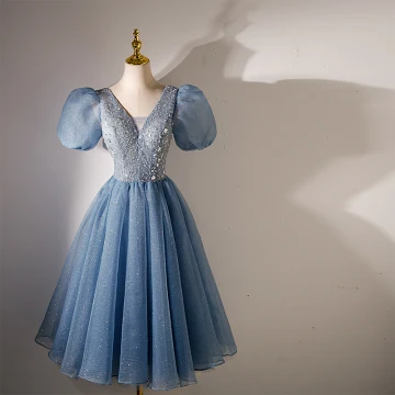 Chic Belle Bleu Ciel Robe De Soirée 2023 Princesse V Cou Perlage Paillettes Gonflée Manches Courtes Dos Nu Longue Soirée Robe De Ceremonie