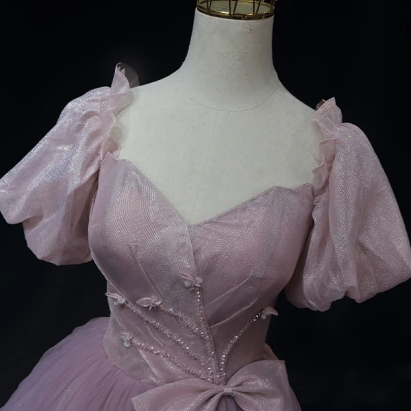 Chic / Beautiful Lilac Beading Bow Pleated Prom Dresses 2023 A-Line / Princess Off-The-Shoulder Short Sleeve Backless Floor-Length / Long Prom Formal Dresses