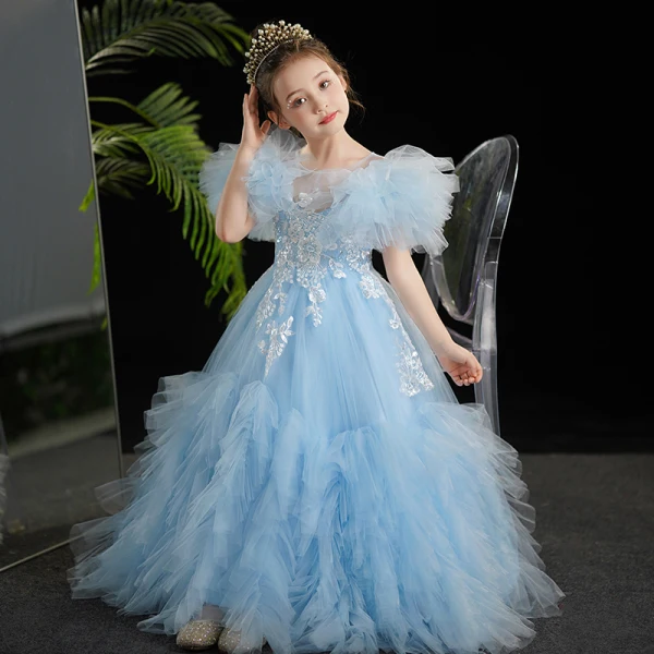 Fashion Sky Blue Sequins Lace Flower Ruffle Birthday Flower Girl Dresses 2024 Ball Gown Scoop Neck Short Sleeve Floor-Length / Long
