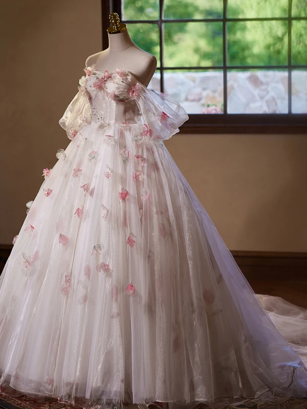 Flower Fairy White Beading Appliques Rhinestone Light Wedding Dresses Prom Dresses 2024 Ball Gown Off-The-Shoulder Short Sleeve Backless Floor-Length / Long Wedding