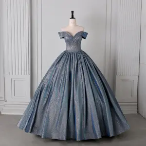 Chic Belle Bleu Marine Glitter Robe De Bal 2026 Robe Boule De L Épaule Manches Courtes Dos Nu Longue Robe De Ceremonie