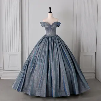 Chic Belle Bleu Marine Glitter Robe De Bal 2026 Robe Boule De L Épaule Manches Courtes Dos Nu Longue Robe De Ceremonie
