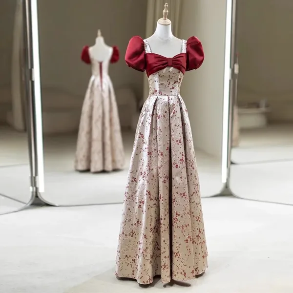 Elegant Burgundy Printing Satin Prom Dresses 2023 A-Line / Princess Square Neckline Bow Puffy Short Sleeve Backless Floor-Length / Long Formal Dresses