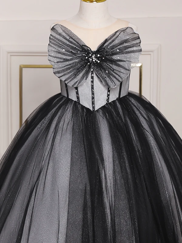 Charmant Noire Anniversaire Paillettes Noeud Robe Ceremonie Fille 2023 Robe Boule Bustier Sans Manches Dos Nu Thé Longueur