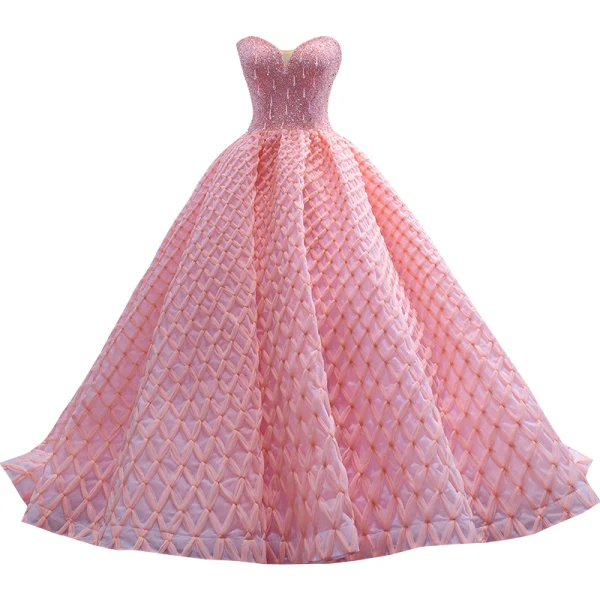 Luxury / Gorgeous Charming Candy Pink Handmade Beading Pearl Prom Dresses 2023 Ball Gown Strapless Sleeveless Backless Sweep Train Prom Formal Dresses