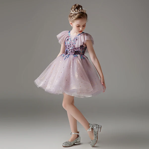 Fashion Lavender Short Sequins Birthday Flower Girl Dresses 2023 V-Neck Short Sleeve Backless Zipper Up